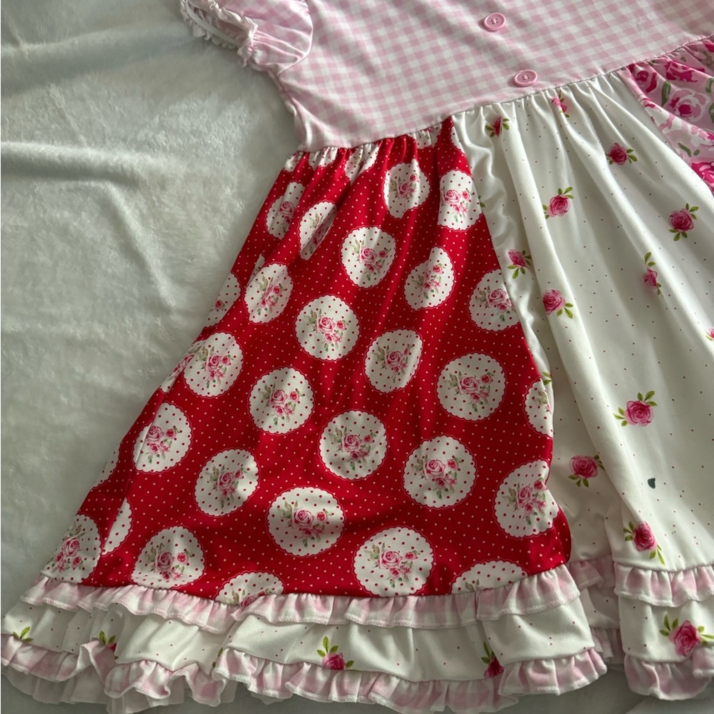 Boutique White Pink Red Roses Flowers Dots Gingham Ruffles Girls Dress 14/16 - Picture 5 of 9